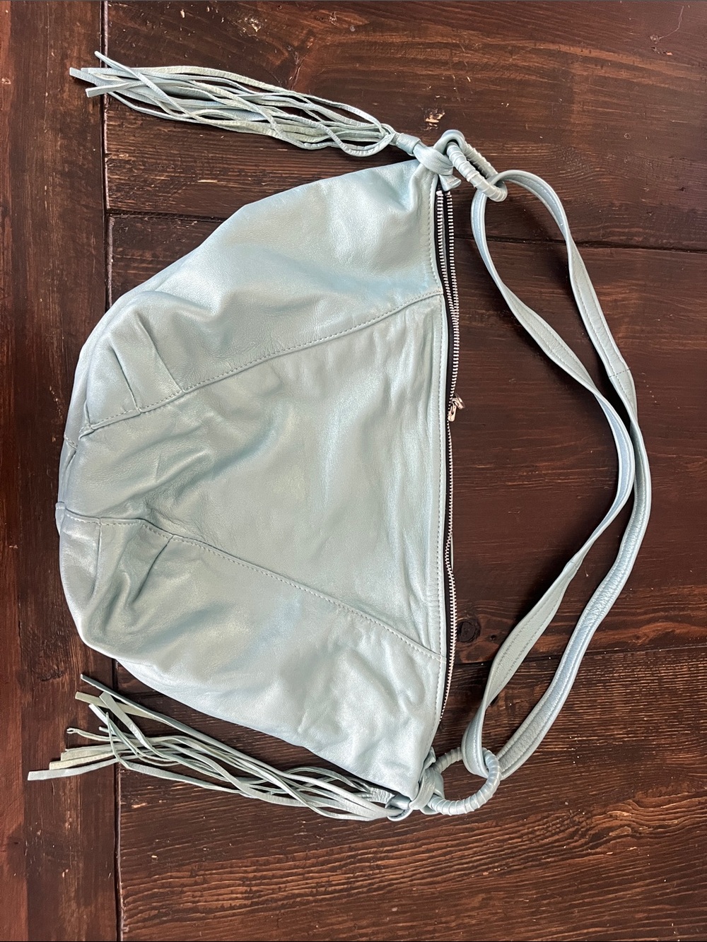 Not Rational Pale Blue Leather Fringe Shoulder Bag